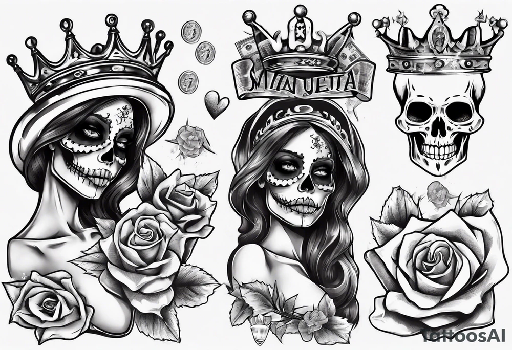 santa la muerta with money and crown
on the card tattoo idea