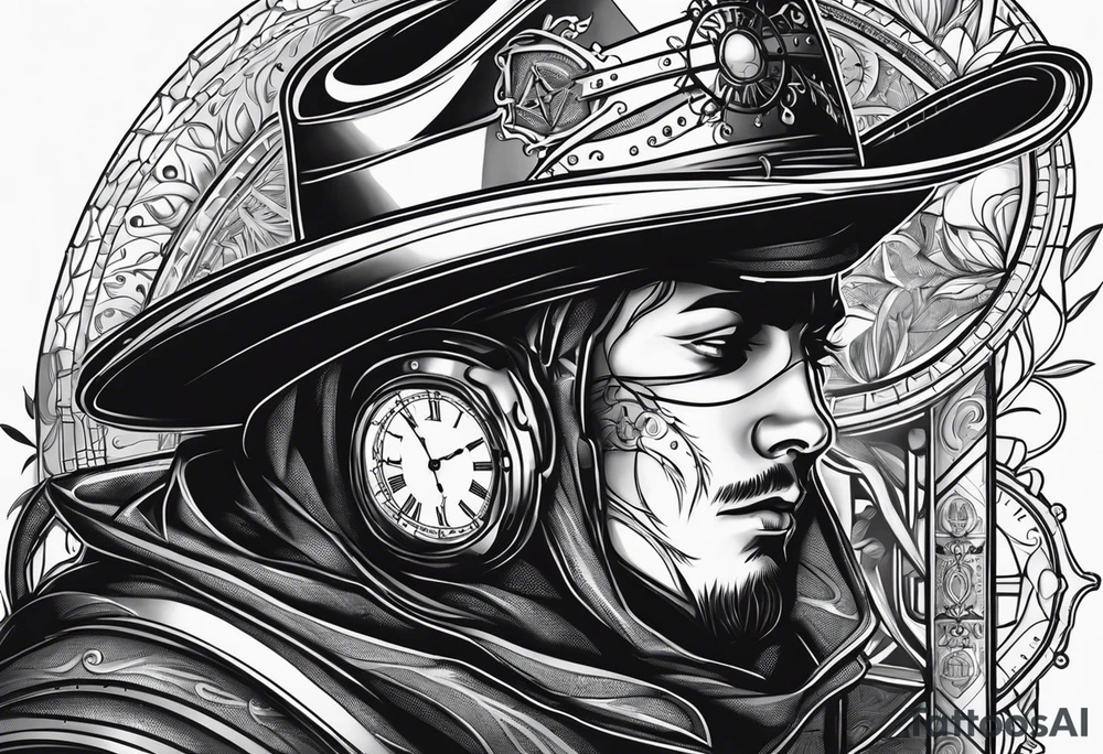 Welding hood on cross, sunshine, pocket watch with time, cowboy kneeling tattoo idea