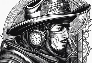 Welding hood on cross, sunshine, pocket watch with time, cowboy kneeling tattoo idea