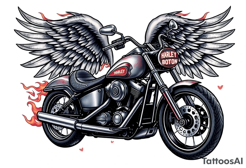 Harley grey motorcycle driving away, flames, angel wings tattoo idea
