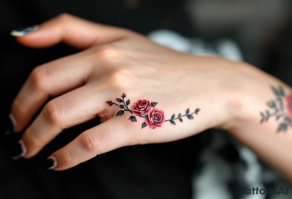 Tiny roses on a vine, curving slightly around the finger, in classic red and leaf green. tattoo idea