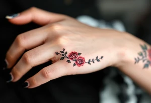 Tiny roses on a vine, curving slightly around the finger, in classic red and leaf green. tattoo idea