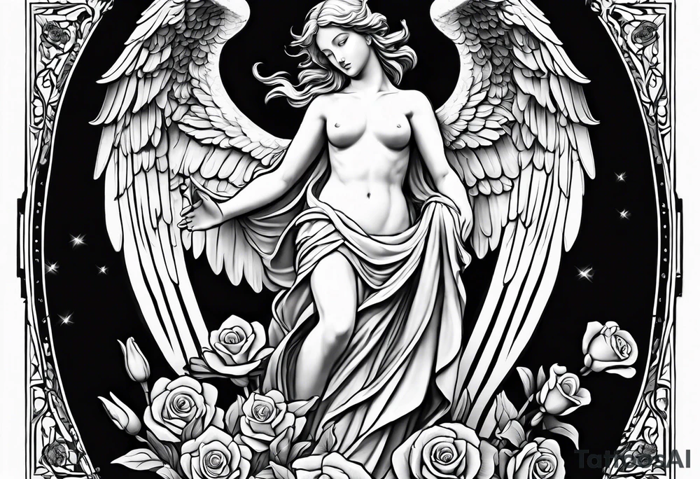 Simple Angel statue stood on a rock with daffodils and roses wrapped around its legs tattoo idea
