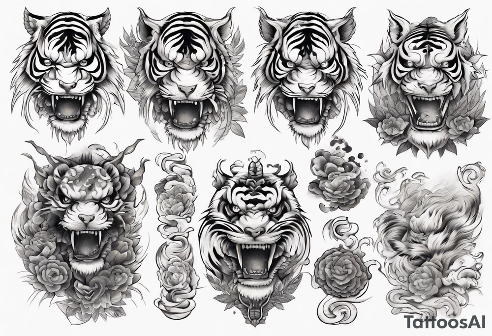 Ancient mythical tiger like creature on a sleeve tattoo idea