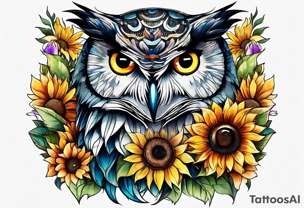 Leg sleeve with colorful sunflowers and an owl tattoo idea