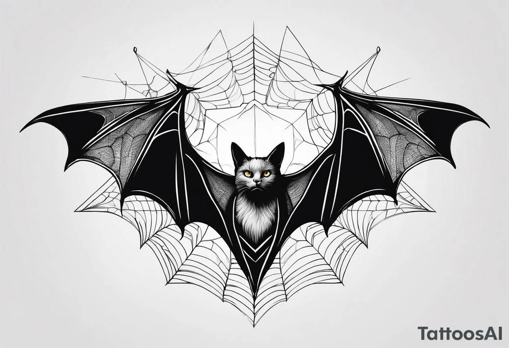 Bat, cat Head, upside down, wings made of spider web, wings wide open tattoo idea