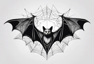 Bat, cat Head, upside down, wings made of spider web, wings wide open tattoo idea