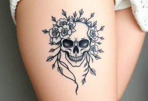 ornate skull adorned with crown of wild roses and thorns overlaid lace curtain design tattoo idea