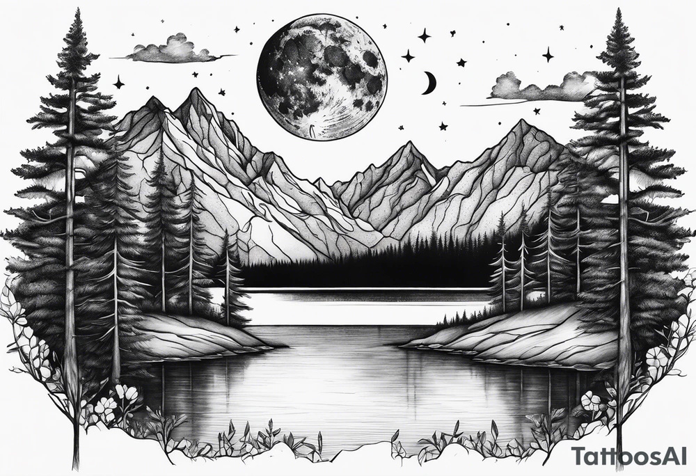 Picture of the moon, trees, lake, mountains and night sky tattoo idea