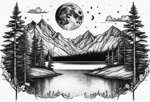 Picture of the moon, trees, lake, mountains and night sky tattoo idea