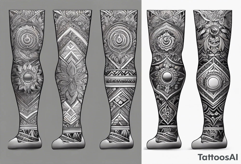 Hindu Sanskrit tribal design on right lower leg, below knee to top of feet tattoo idea