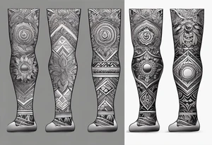 Hindu Sanskrit tribal design on right lower leg, below knee to top of feet tattoo idea