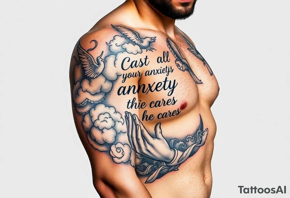 cast all your anxiety on him because he cares for you"  surrounded with clouds and angels and praying hands tattoo idea