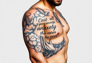 cast all your anxiety on him because he cares for you"  surrounded with clouds and angels and praying hands tattoo idea