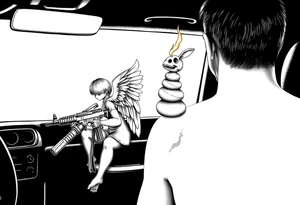 gangster angel sitting on the rocker panel of the drivers seat, holding an AK47, watching a huge flame burning a stacked skull of a rabbit and a chicken. tattoo idea