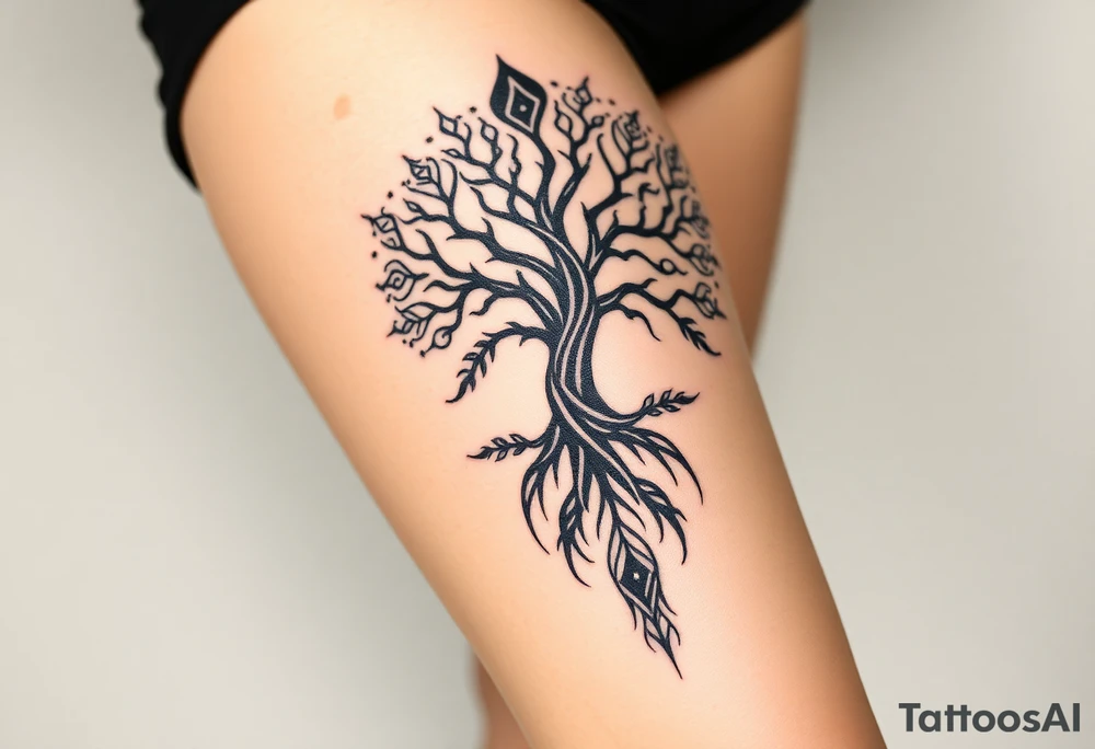 mystical tree of life with cosmic roots and celestial branches tattoo idea