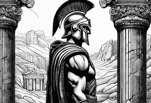 Close up of spartan solider looking left at far away Ancient pillars tattoo idea