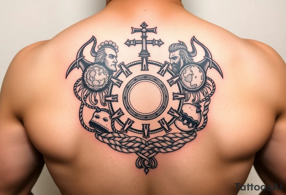 Powerful complex Tattoo, including every Symbol of the 12 Greek gods and some Parts of Celtic rope work. tattoo idea