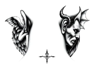 position behind the neck Angel (on the right) whispering in the right ear, demon (on the left) whispering in the left ear. It must be as realistic as possible. tattoo idea