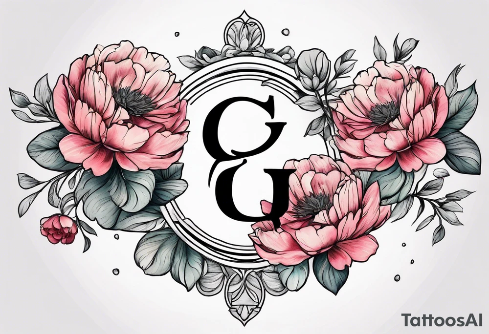 Initials G and J surrounded by peonies and ranunculus flowers tattoo idea