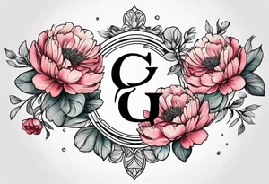 Initials G and J surrounded by peonies and ranunculus flowers tattoo idea