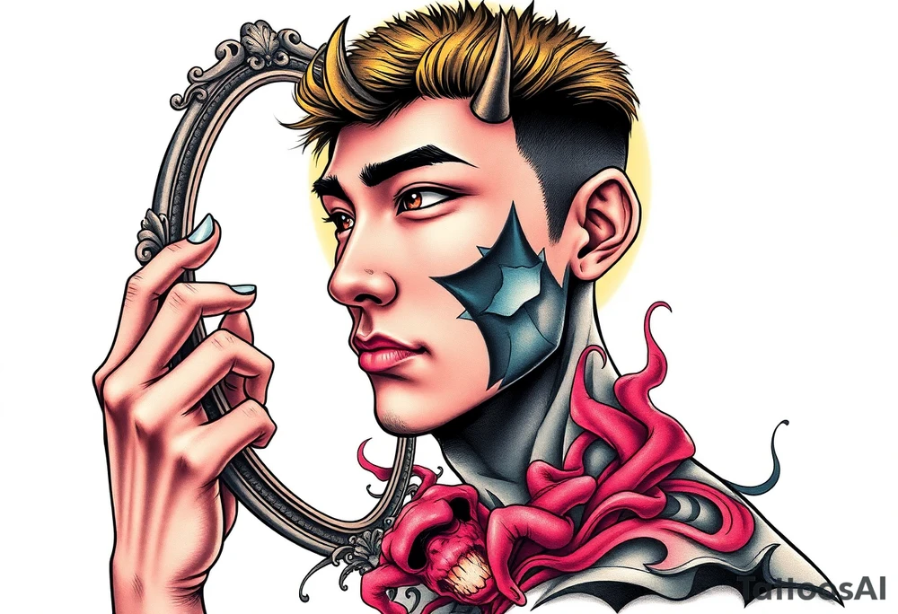 Handsome Asian young guy is looking in cursed mirror and see the evil tattoo idea