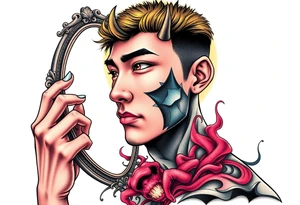 Handsome Asian young guy is looking in cursed mirror and see the evil tattoo idea