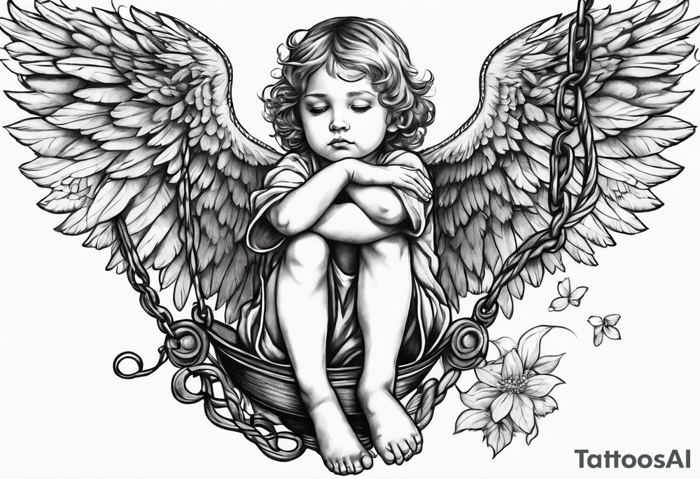 sad angel child on swing tattoo idea
