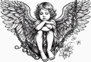 sad angel child on swing tattoo idea