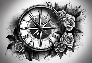 draw me a tattoo with an old clock and a compass rose. shadows of roman numerals are in the background. it is a tattoo located on the left shoulder of a man. it is black and white. tattoo idea