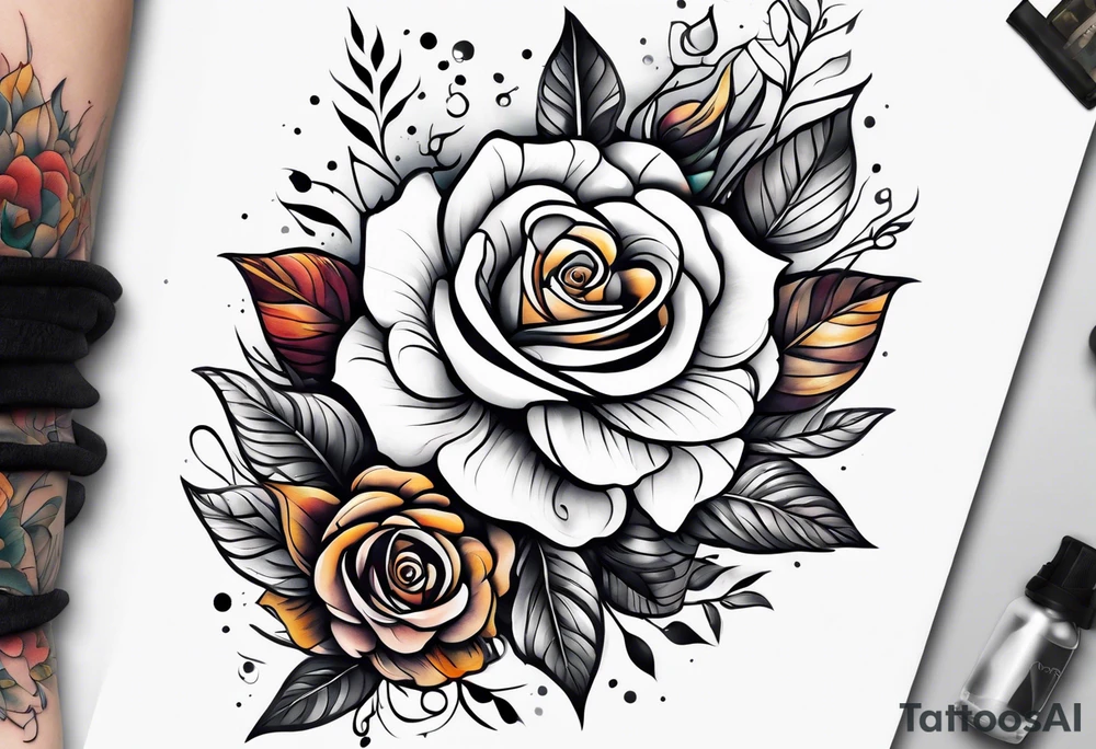 thigh tattoo with fall colors showing, flowers, roses, water flow, and sky tattoo idea