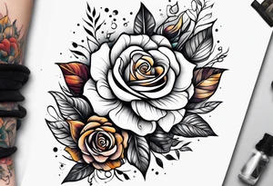 thigh tattoo with fall colors showing, flowers, roses, water flow, and sky tattoo idea