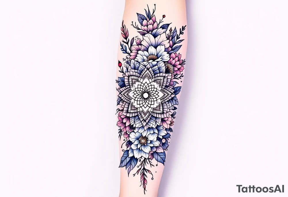 A delicate, intricate mandala surrounded by soft, flowing flowers, symbolizing harmony, balance, and femininity. tattoo idea