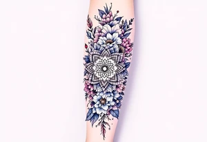 A delicate, intricate mandala surrounded by soft, flowing flowers, symbolizing harmony, balance, and femininity. tattoo idea