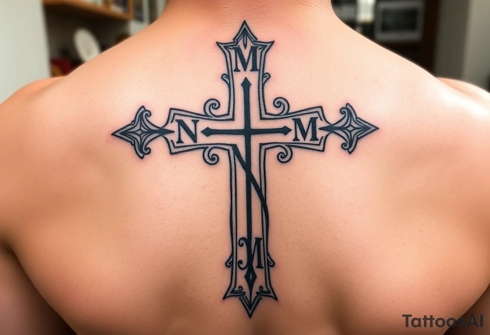 Church cross designed with the following initals: M, N, M, M, M, M. Being the N in the middle tattoo idea
