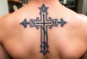 Church cross designed with the following initals: M, N, M, M, M, M. Being the N in the middle tattoo idea