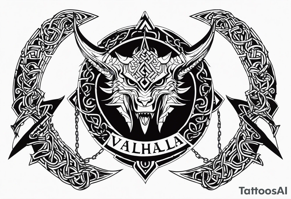 Valhalla sword shield dragon axe Valknut barbed wire chains tribal tattoo idea Valhalla sword shield dragon axe Valknut barbed wire chains tribal tattoo idea