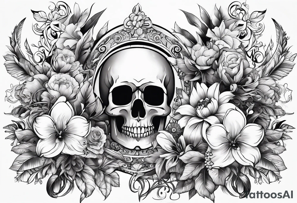 lot of flowers, skulls and bong tattoo idea