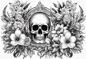 lot of flowers, skulls and bong tattoo idea