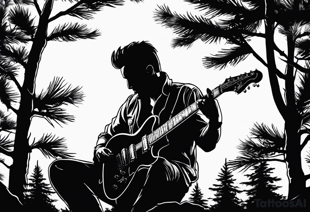silhouette of a man playing electric guitar while sitting in a pine tree. super simple sketch tattoo idea