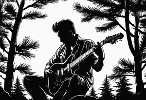 silhouette of a man playing electric guitar while sitting in a pine tree. super simple sketch tattoo idea