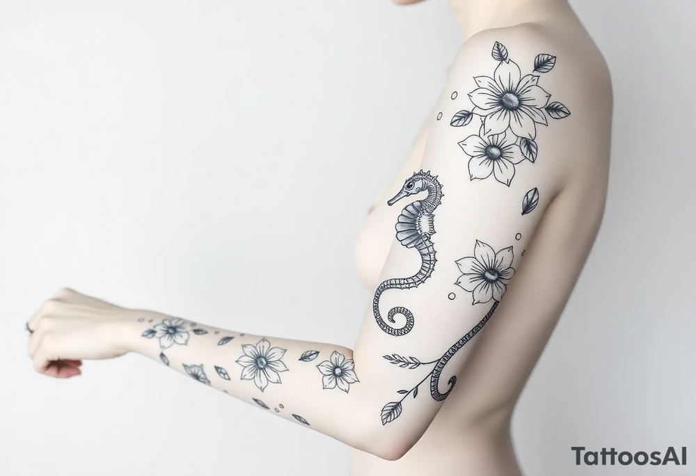 Underwater Flowers, shells, turtle, seahorse,  bubbles, jellyfish, feminine tattoo idea