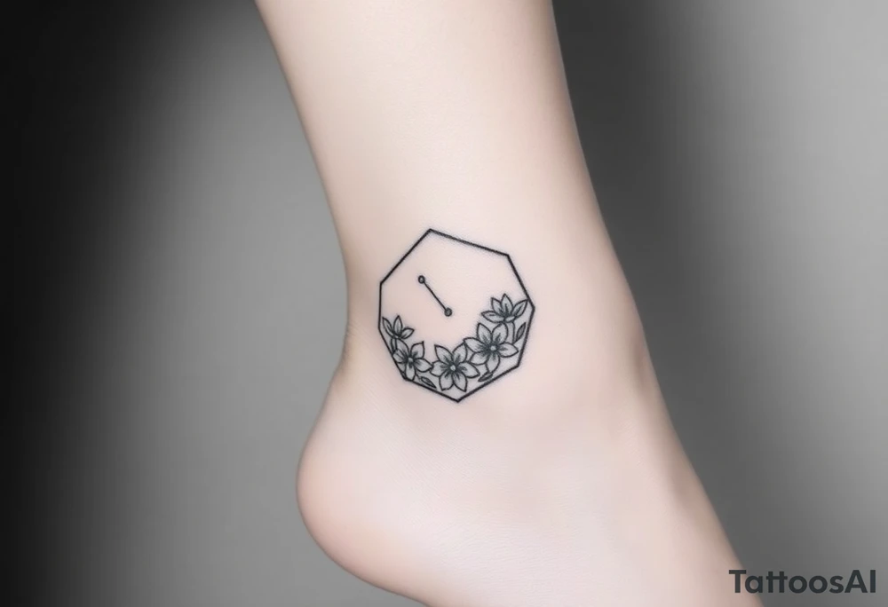 Hexagon with a constellation sign for Leo,  larkspur and water lilies in the center tattoo idea