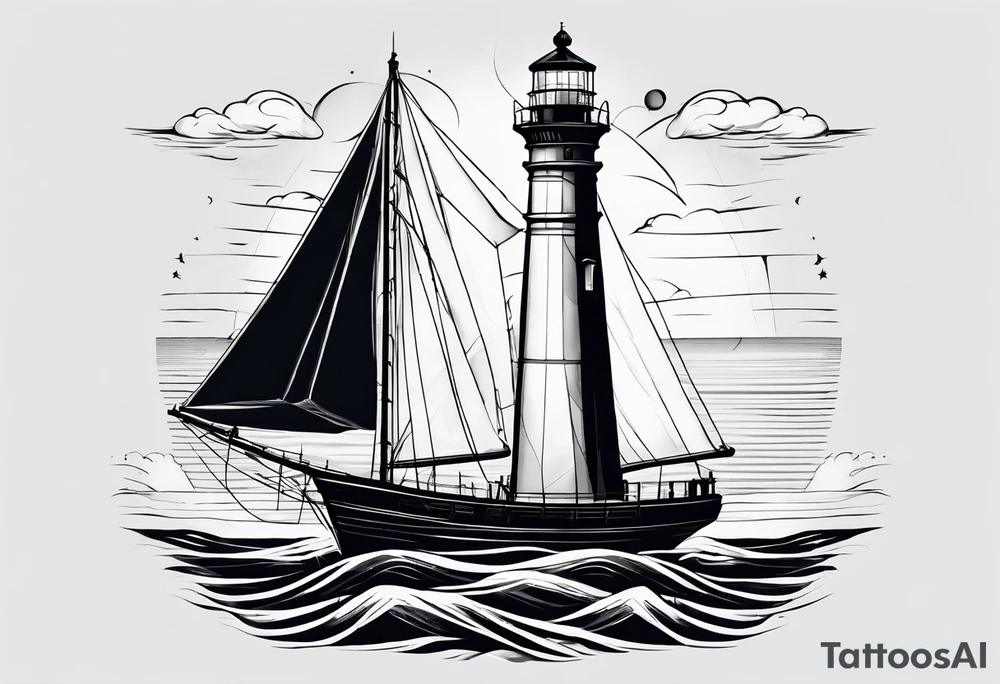 maritime lighthouse in a front view sailboat serving as a mast for a sail. tattoo idea