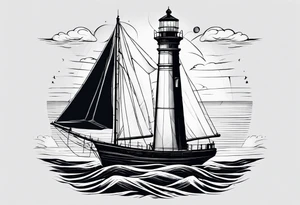 maritime lighthouse in a front view sailboat serving as a mast for a sail. tattoo idea
