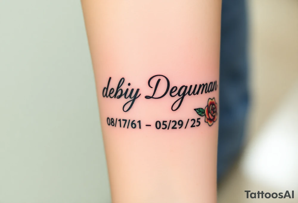 Tattoo of the exact name Debby Deguzman in chunky curly cursive with the exact dates of 08/17/61-05/29/25 surrounded by 1 hummingbird and 1 rose tattoo idea