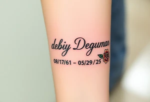 Tattoo of the exact name Debby Deguzman in chunky curly cursive with the exact dates of 08/17/61-05/29/25 surrounded by 1 hummingbird and 1 rose tattoo idea