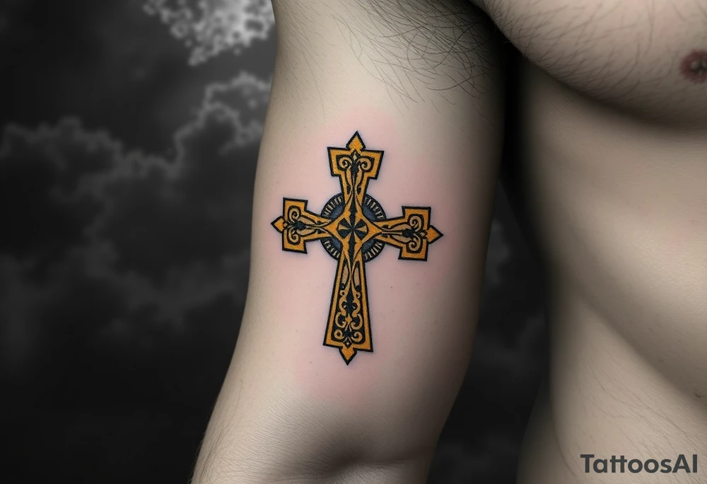 A golden Templar cross with filigree patterns, glowing against a dark stormy background, symbolizing divine strength tattoo idea