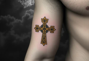 A golden Templar cross with filigree patterns, glowing against a dark stormy background, symbolizing divine strength tattoo idea