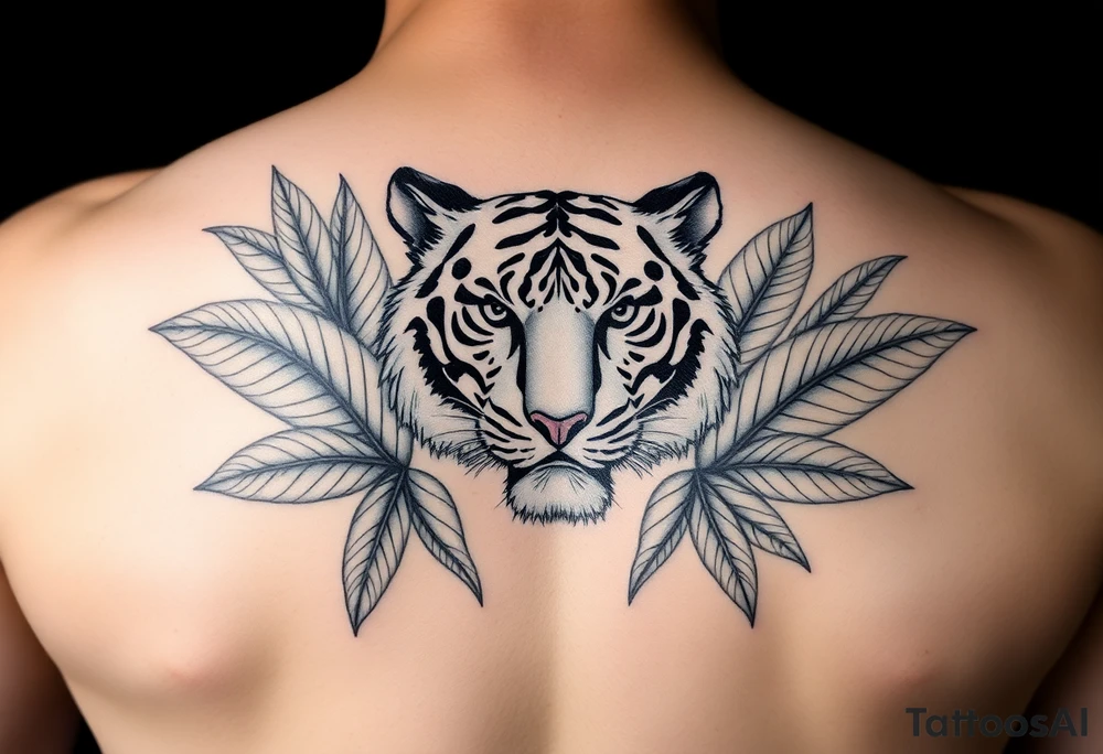 Tiger within palm leaves tattoo idea